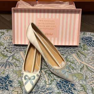Kate Whitcomb Evie Blue Bow Wedding Kitten Heels Shoes Size 7.5* NIB